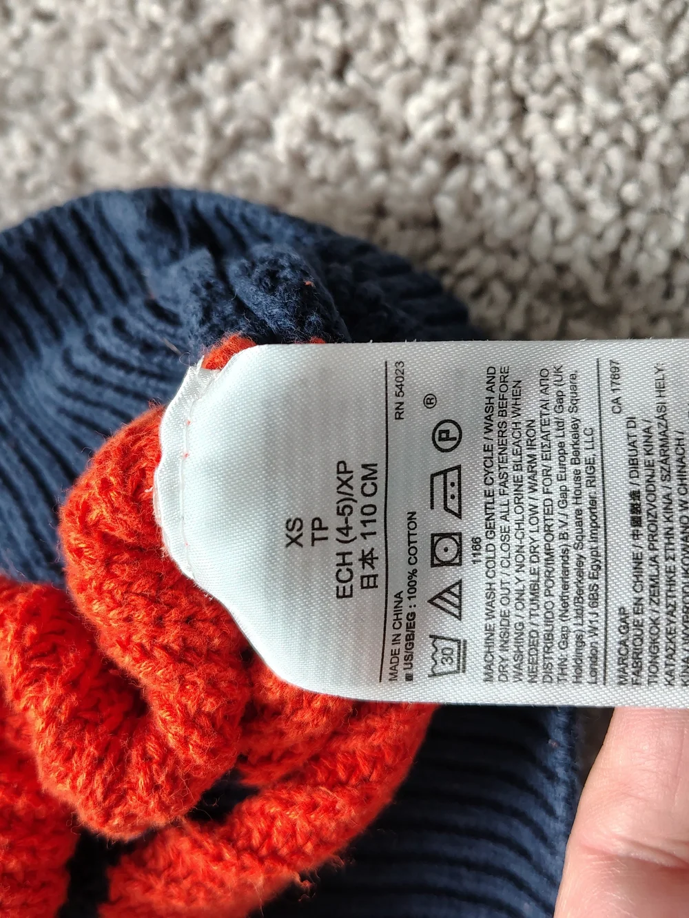 GAP Kids Orange & Navy Cotton Knit Rugby Crew Sweater, Sz XS (4/5)